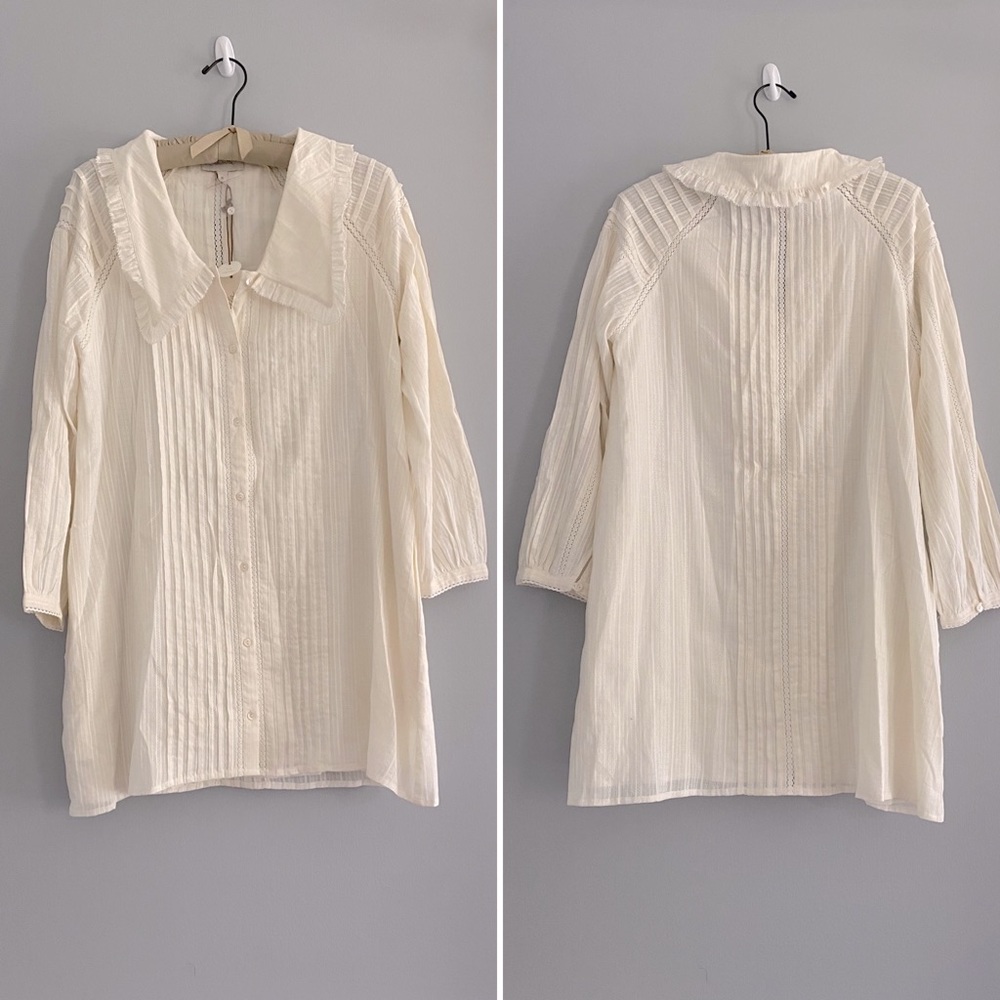 Cleobella viola mini dress ivory white crochet pintuck collared long sleeve NWT